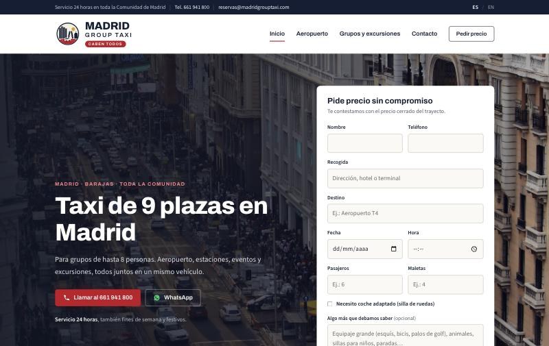 Web de Madrid Group Taxi en ordenador: taxi de 9 plazas en Madrid, botones de llamar y WhatsApp y formulario para pedir precio