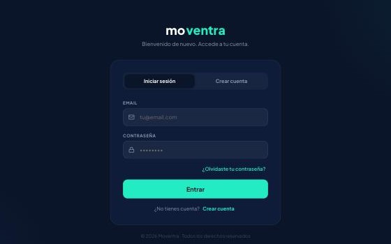 Pantalla de acceso de Moventra: iniciar sesión o crear cuenta con email y contraseña